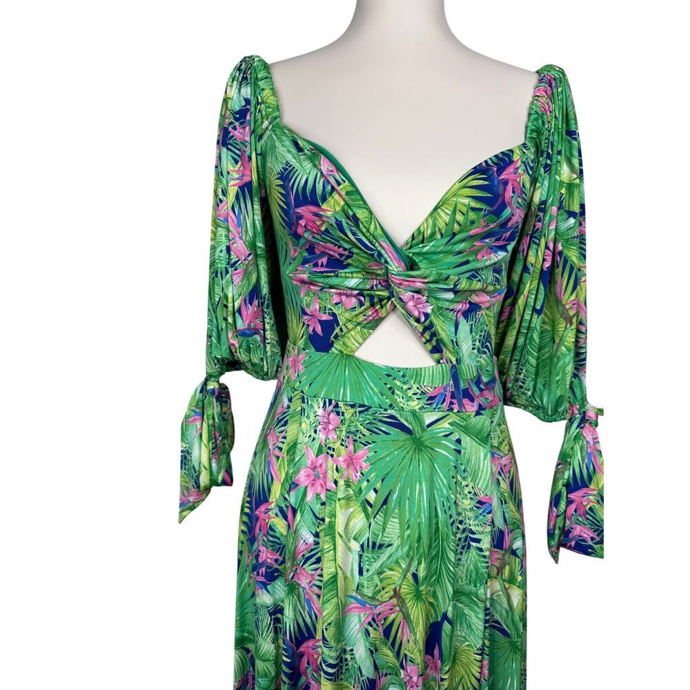 Tropical Palm Print Resort Maxi Dress Beach Cover Up Twist Front Size Large - Picture 2 of 11